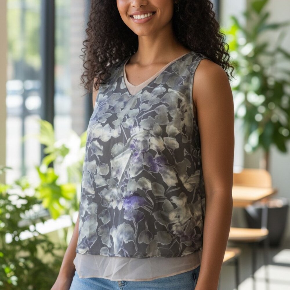 (B-52Simply Vera Vera Wang PM Floral Sleeveless Blouse Sheer Layered Gray Purple